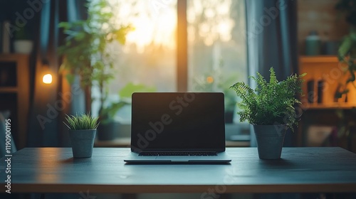 Cozy home workspace with plants and laptop on a white table