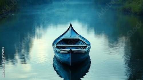 Tranquil blue boat on calm waters reflecting morning mist in serene landscape