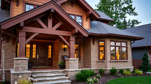Luxury Craftsman Home Exterior at Dusk: Stone, Wood, and Modern Design photo