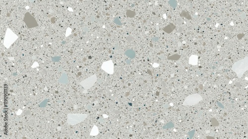 Elegant terrazzo flooring with delicate gray, white, and soft blue fragments offers a serene minimalistic aesthetic