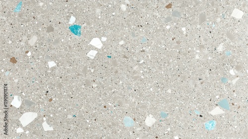 Elegant terrazzo surface showcasing a harmonious blend of gray, white, and soft blue fragments creating a serene, minimalistic aesthetic