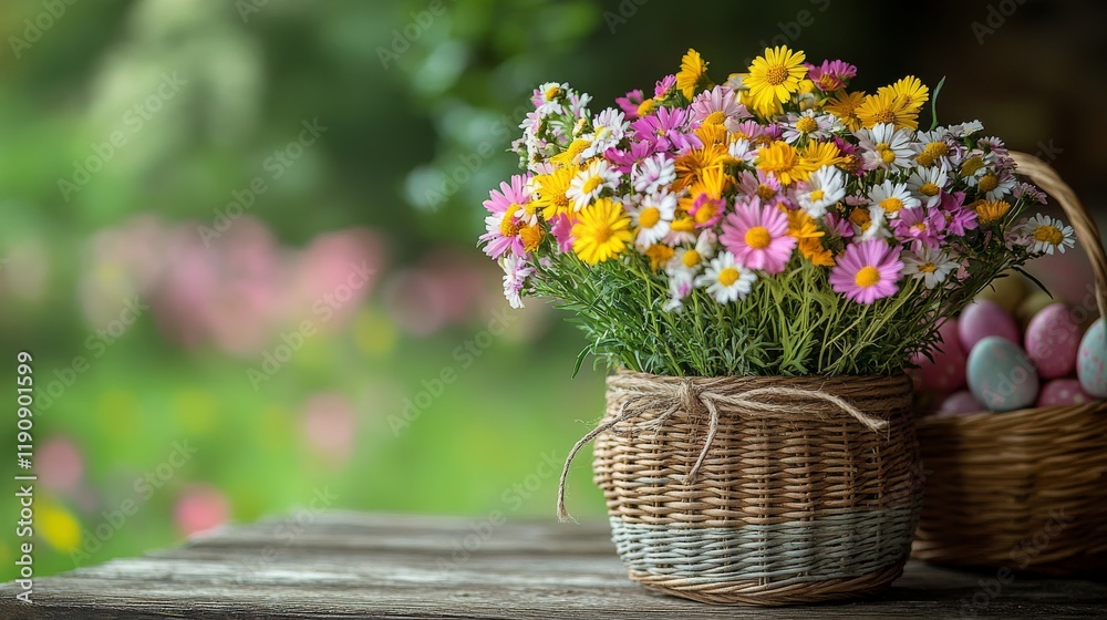 Freshly picked wildflowers in a wicker basket on a sunny day in a blooming garden Freshly picked wildflowers in a wicker basket on a sunny day in a blooming garden