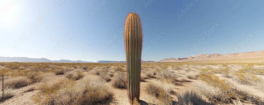 Solitary Cactus in Vast Desert Landscape Under Clear Sky at Sunset Solitary Cactus in Vast Desert Landscape Under Clear Sky at Sunset