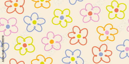Pastel doodle hand drawn floral seamless pattern with childish style. Design for fabric, textile, covers, gift wrap, wallpaper.