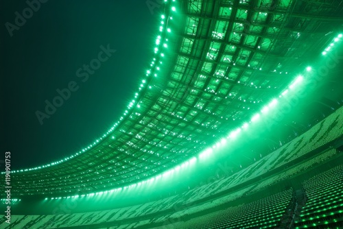 Spectacular green lighting illuminates stadium during an event at night