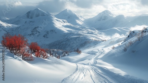 Winter landscape featuring a snowy mountain road under a blue sky
