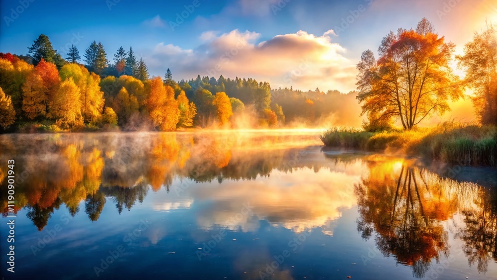 Fototapeta premium Misty Morning Lake: Serene Bokeh Landscape Photography