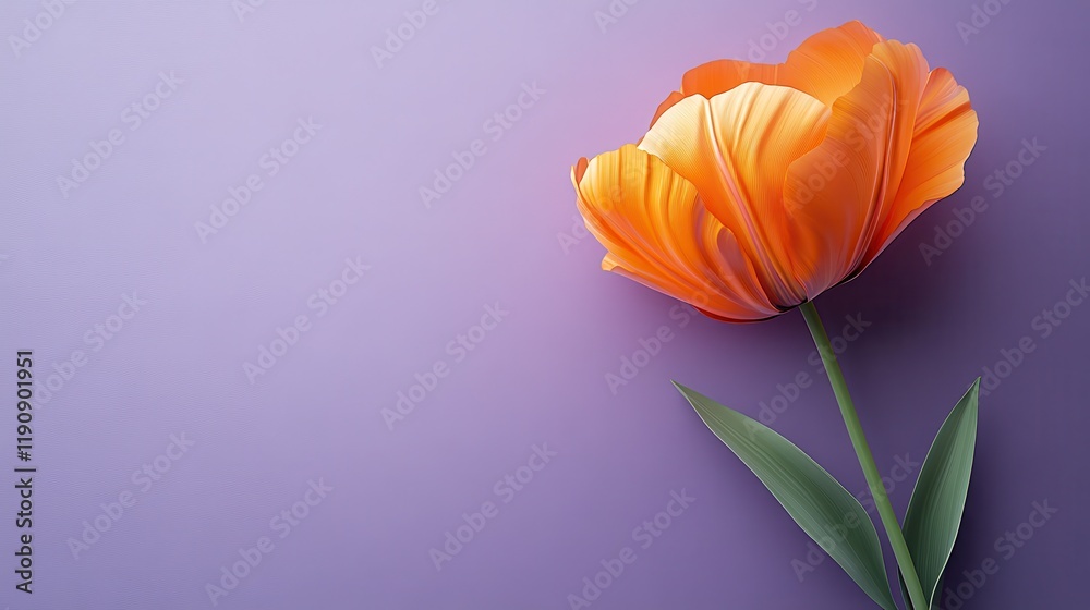 Naklejka premium Elegant orange tulip on purple background with green leaves