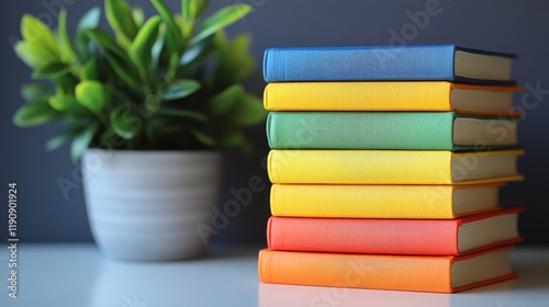 Colorful stacked books with greenery on a clean surface for a cozy study atmo...