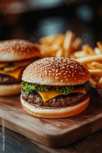 Enjoy the tasty American burgers, topped with fresh ingredients and served with crispy fries on a rustic wooden plate. Its perfect for a hearty lunch, dinner, or snack whenever hunger strikes photo