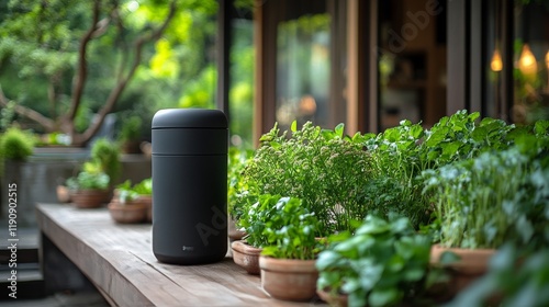 Modern garden featuring a stylish planter surrounded by lush greenery in a re...