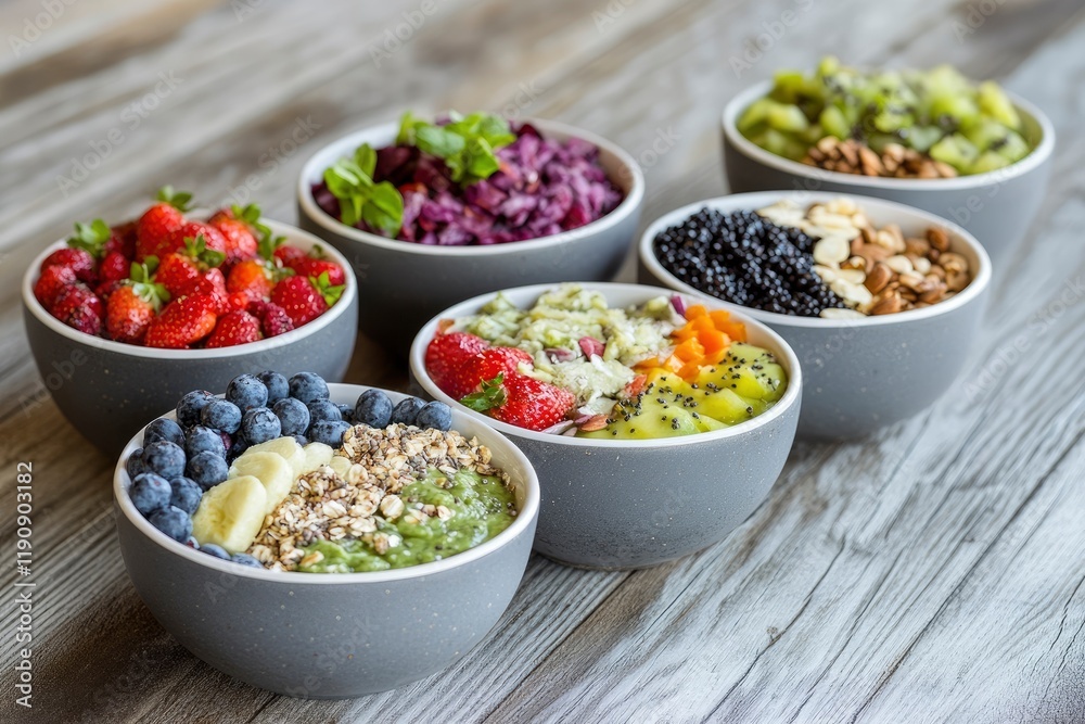Bowls of various superfood on wooden background Bowls of various superfood on wooden background