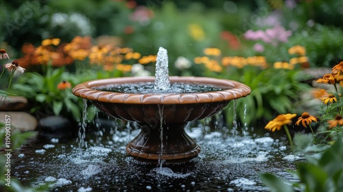 Beautiful garden fountain surrounded by vibrant flowers and lush greenery in ...