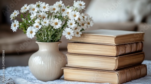 Fresh flowers in a vase on stack of books beside a sunny window in a cozy room