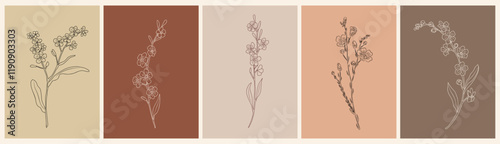 Set of botanical line art drawings of Forget me Not flowers, Myosotis, Scorpion grasses. Vector sketch isolated on terracotta colors backgrounds. Card, poster template.