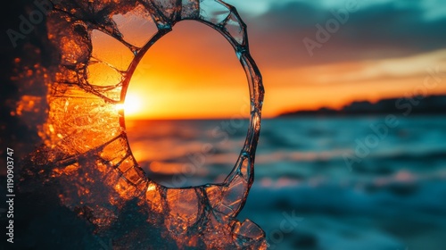 Shattered Ice with Ocean Sunset, Abstract Close-up of Broken Frozen Water Reflecting Golden Hour photo