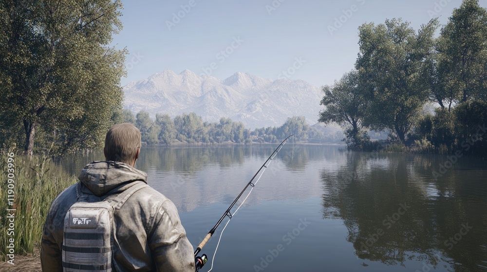 Φωτογραφία Tranquil Fishing Scene at a Calm Lake Surrounded by Majestic Mountain Landscapes