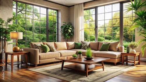 Modern Beige Sectional Sofa Living Room with Lush Greenery View