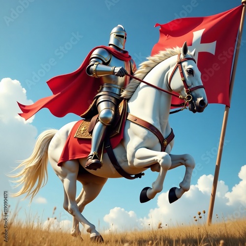 A knight in armor riding a white horse, holding a flag, symbolizing bravery and chivalry.