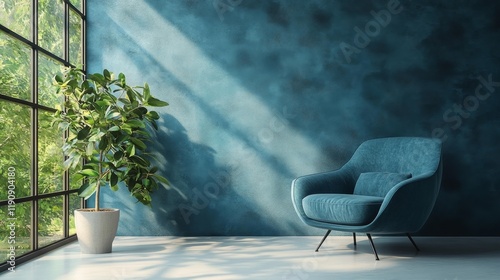 Stylish Blue Armchair with Olive Tree Plant. Generative AI photo