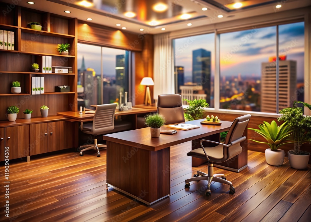 Modern Brown Office Interior, Tilt-Shift Miniature Cityscape, Desk, Workplace, Business Modern Brown Office Interior, Tilt-Shift Miniature Cityscape, Desk, Workplace, Business