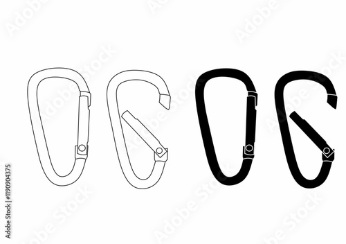 Set of outline carabiner icons, featuring various designs and angles, perfect for outdoor gear, adventure sports, and safety equipment illustrations