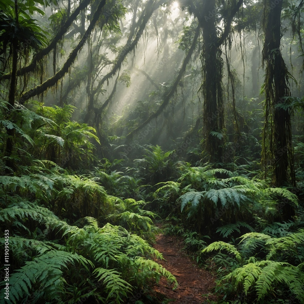 A misty rainforest with vines, ferns, and soft sunlight filtering through the canopy. A misty rainforest with vines, ferns, and soft sunlight filtering through the canopy.