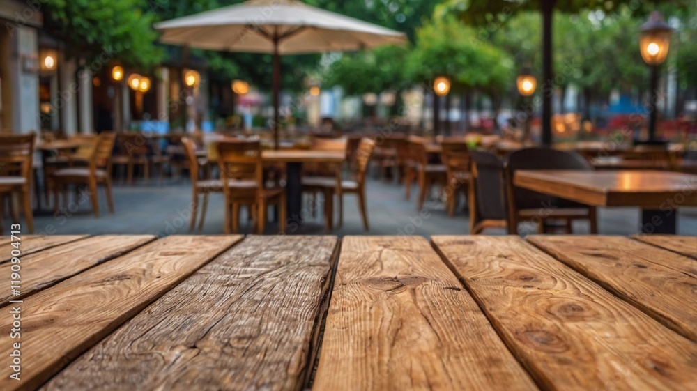 Obraz premium Empty wood table top on outdoor aesthetic cafe with a blurred background. The focus is on the table surface.