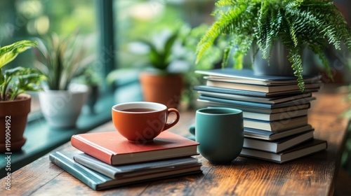 Cozy reading nook with cups and books surrounded by greenery in natural light