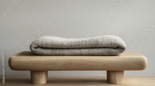 Soft wool blanket neatly folded on a minimalist wooden shelf in a serene inte...