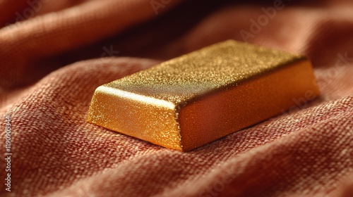 Shimmering gold nugget resting on luxurious crimson fabric in soft light