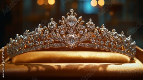 Elegant tiara adorned with sparkling jewels displayed on a plush cushion in a...