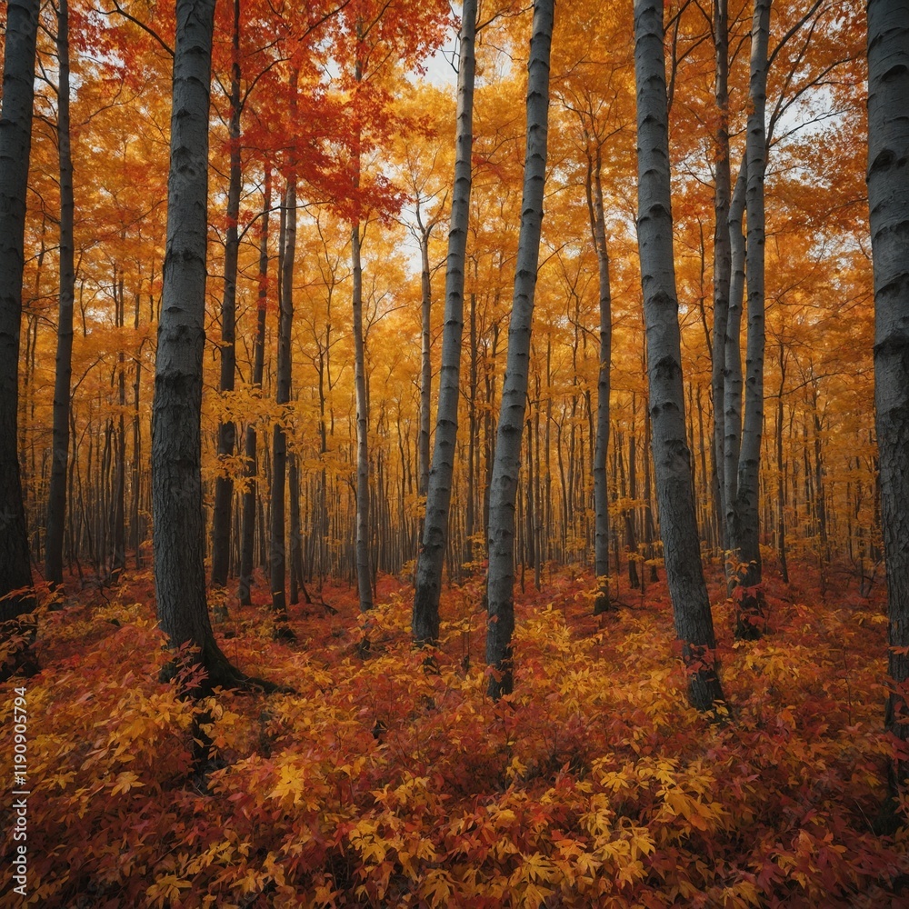 Obraz premium A vibrant autumn forest with leaves in shades of orange, red, and yellow.