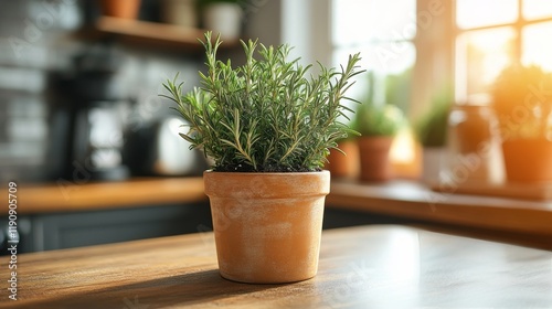 Fresh rosemary plant in a rustic pot on a wooden kitchen table