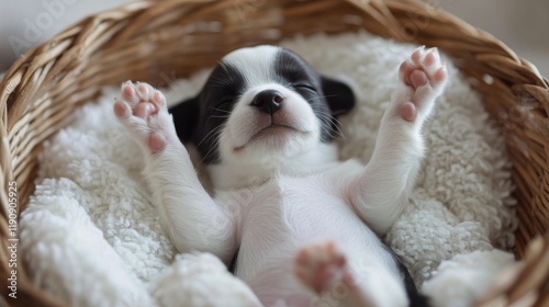 Cute puppy resting comfortably in a basket surrounded by colorful plants indoors