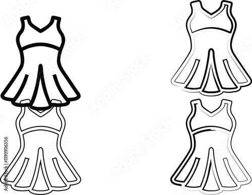 Minimalist line drawings, stylized dresses, sleeveless bodices, flared skirts, simple black and white illustrations, fashion sketches, dress designs, multiple variations, clean outlines, no shading, f