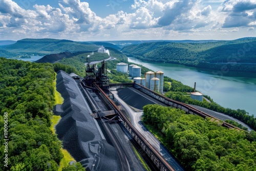 Aerial view of a coal processing facility near a river, surrounded by lush greenery and industrial structures. photo