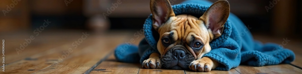 A cozy French bulldog wrapped in a soft blanket, relaxing on a wooden floor. A cozy French bulldog wrapped in a soft blanket, relaxing on a wooden floor.