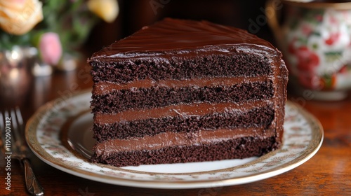 Decadent chocolate cake slice topped with fresh raspberries and mint served o...