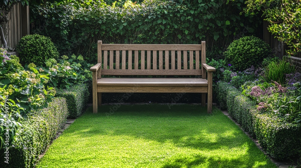 Elegant outdoor bench in a serene garden at sunset near modern architecture Elegant outdoor bench in a serene garden at sunset near modern architecture