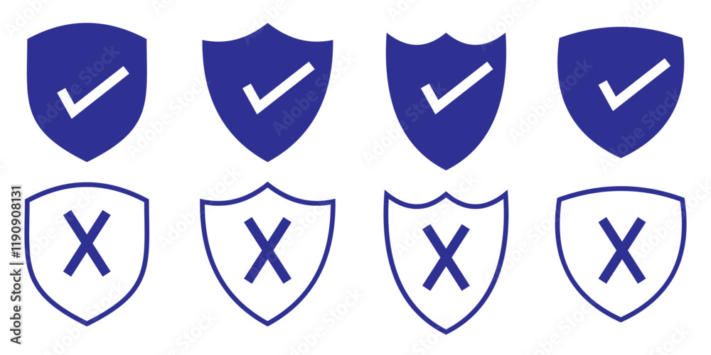 Vector shield icon. Security vector icon. Protection icon. Shield vector icon. Protection is disabled. Verification completed. Checkmark OK and X icons. Symbols YES and NO. Vector shield icon. Security vector icon. Protection icon. Shield vector icon. Protection is disabled. Verification completed. Checkmark OK and X icons. Symbols YES and NO.