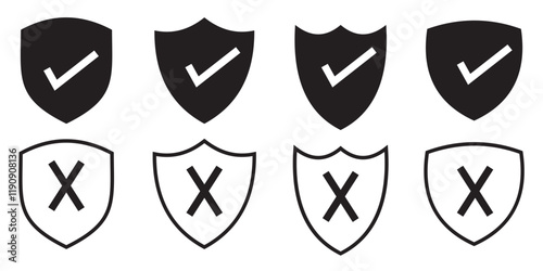 Vector shield icon. Security vector icon. Protection icon. Shield vector icon. Protection is disabled. Verification completed. Checkmark OK and X icons. Symbols YES and NO. 