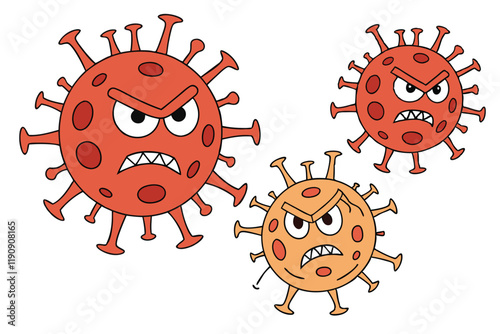 Cartoon virus icons, spiky spheres with angry eyes, red and orange color palette, minimalist design, flat graphic style, menacing expressions, simple shapes, healthcare illustration, microbiology symb