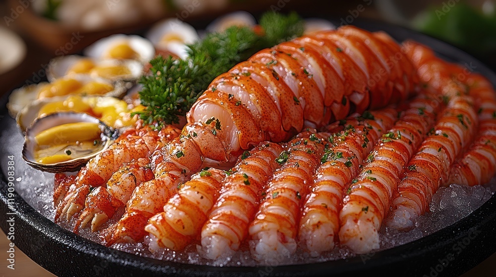 Close-up of sliced lobster and assorted seafood on ice. Close-up of sliced lobster and assorted seafood on ice.