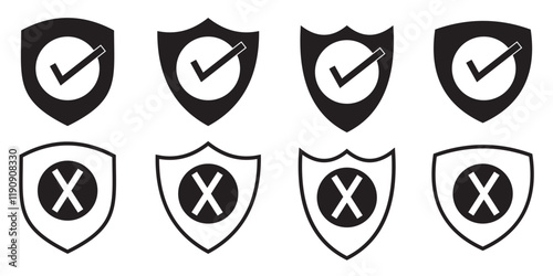 Vector shield icon. Security vector icon. Protection icon. Shield vector icon. Protection is disabled. Verification completed. Checkmark OK and X icons. Symbols YES and NO. 