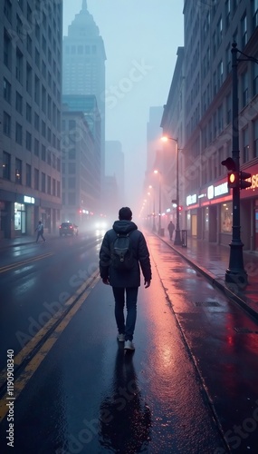 A lone figure walks through a foggy urban street, illuminated by soft city lights.