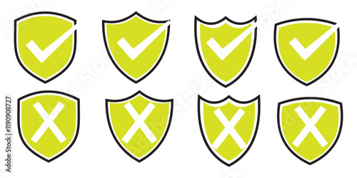 Shield check and cross mark icon or security shield protection icon with tick symbol  
