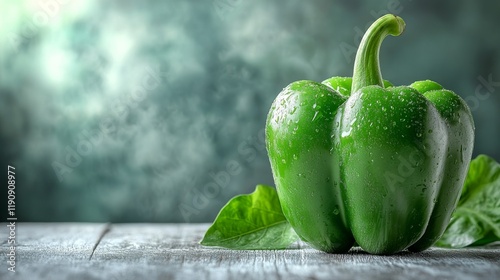 Fresh green bell pepper on wooden surface with water droplets, showcasing vibrant color and texture
