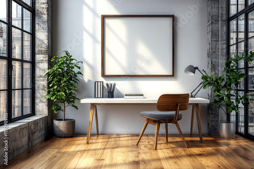 Bright Modern Interior Mockup with White Frame and Wicker Chair
