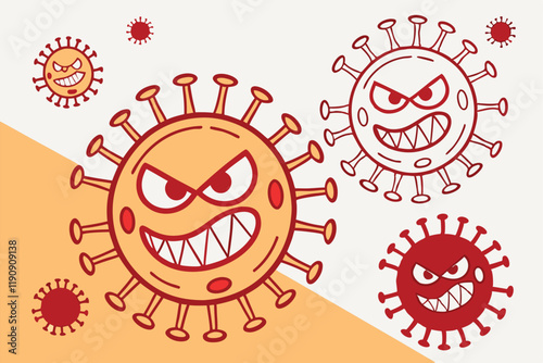 Cartoon virus icons, spiky spheres with angry eyes, red and orange color palette, minimalist design, flat graphic style, menacing expressions, simple shapes, healthcare illustration, microbiology symb